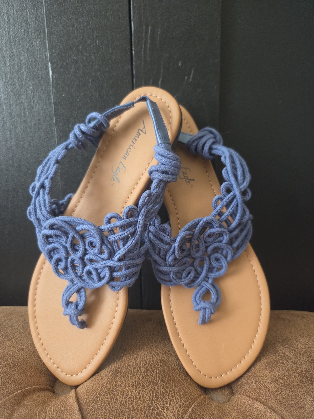 Women's American Eagle Blue Knotted Rope T-Strap Sandals ~ Size 6